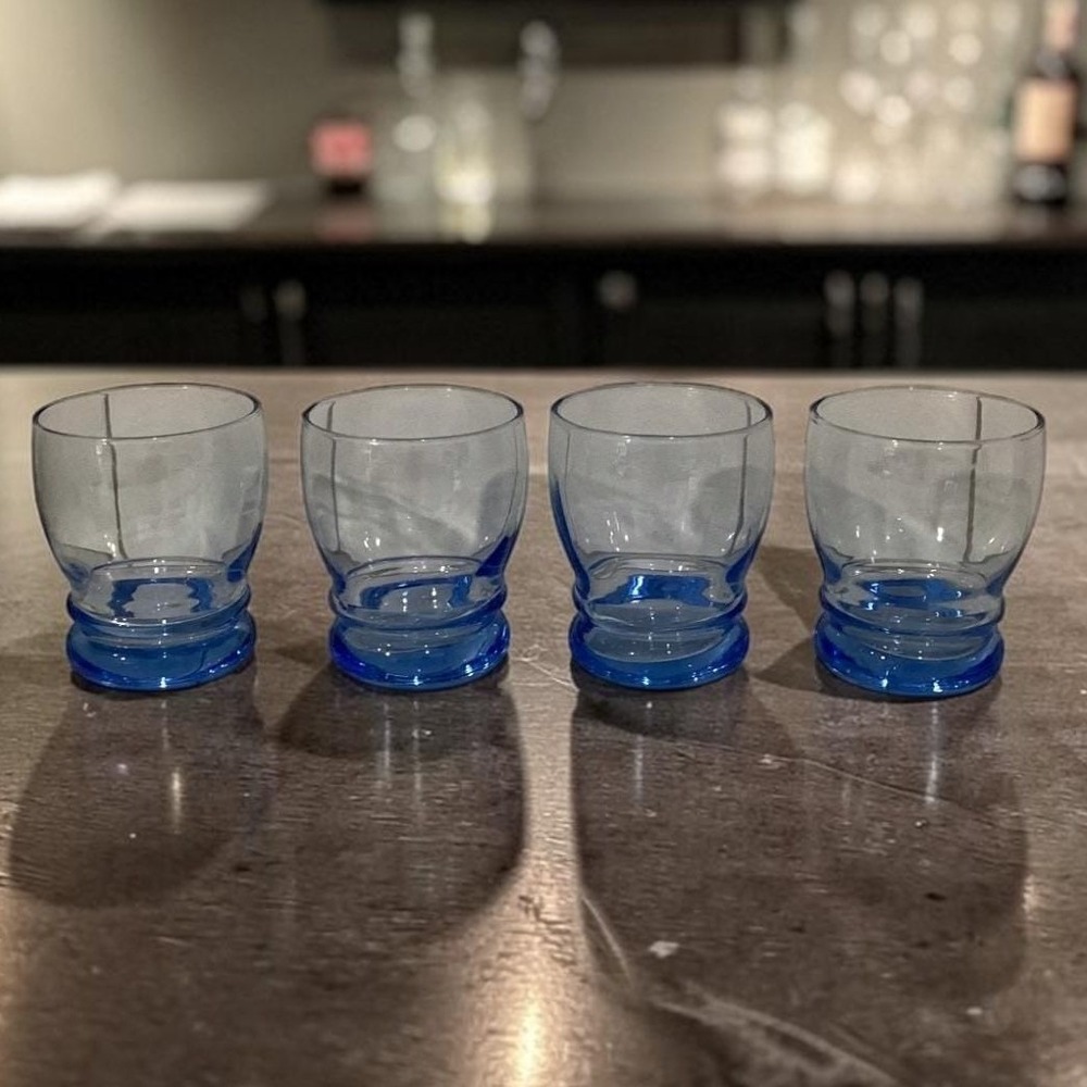 Libbey Blue Bangles Lowball Tumblers, Set of 4, Vintage Rocks Glasses, Barware